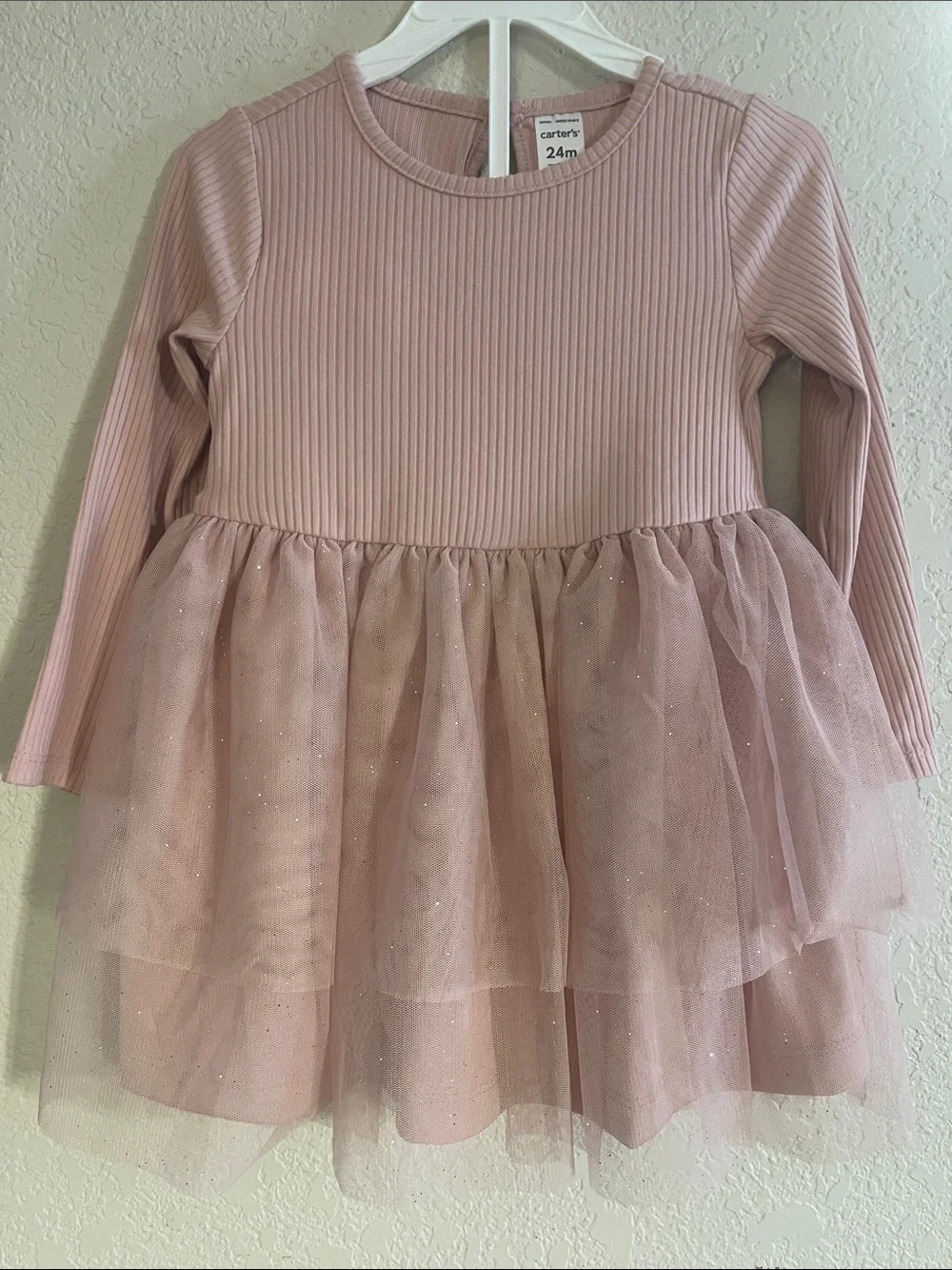 Carter's Blush Ribbed Long-Sleeve Tulle Dress